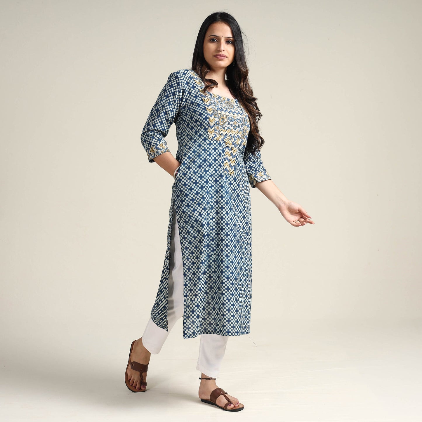  Ajrakh Block Printed Cotton Long Kurta for Women