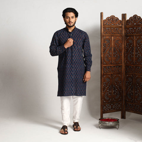 Blue - printed cotton men long kurta - handcrafted