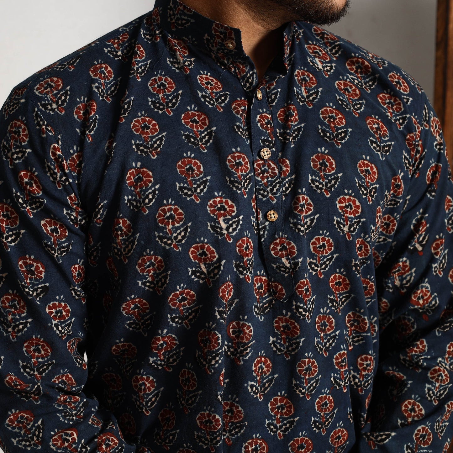 Buy Ajrakh Block Printed Cotton Men Long Kurta Online at iTokri.com