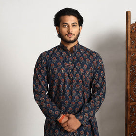 Buy Ajrakh Block Printed Cotton Men Long Kurta Online at iTokri.com