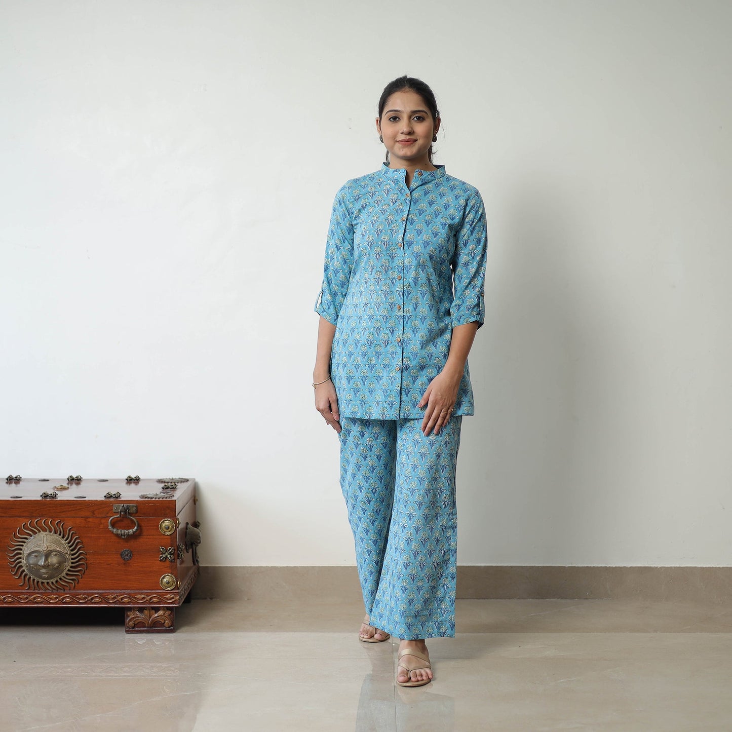 Blue - printed cotton sanganeri co-ord set 07 - handcrafted