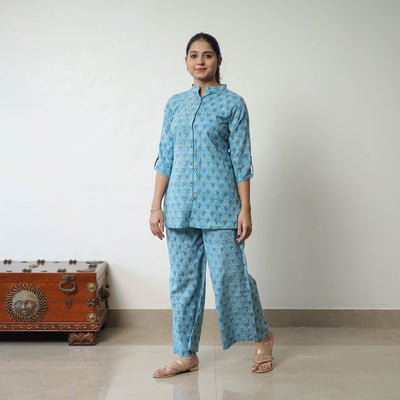 Blue - printed cotton sanganeri co-ord set 07 - handcrafted