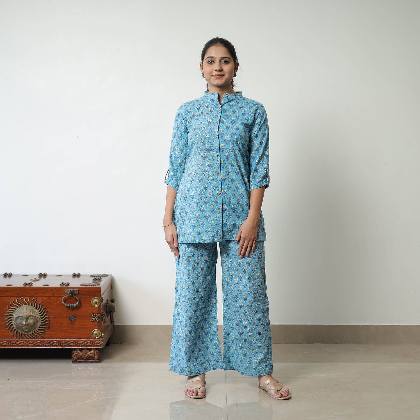 Blue - printed cotton sanganeri co-ord set 07 - handcrafted