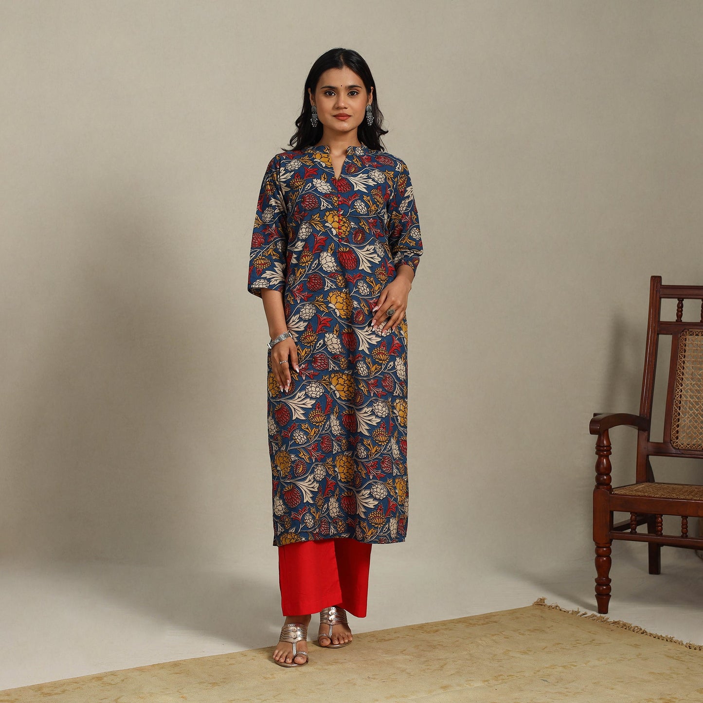 Blue Printed Cotton Straight Kalamkari Kurta