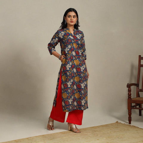 Blue Printed Cotton Straight Kalamkari Kurta