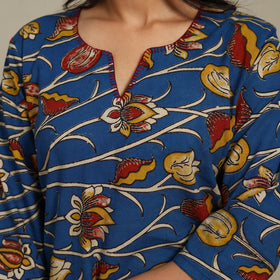 Blue Printed Cotton Straight Kalamkari Kurta with Embroidery
