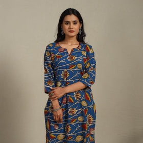 Blue Printed Cotton Straight Kalamkari Kurta with Embroidery