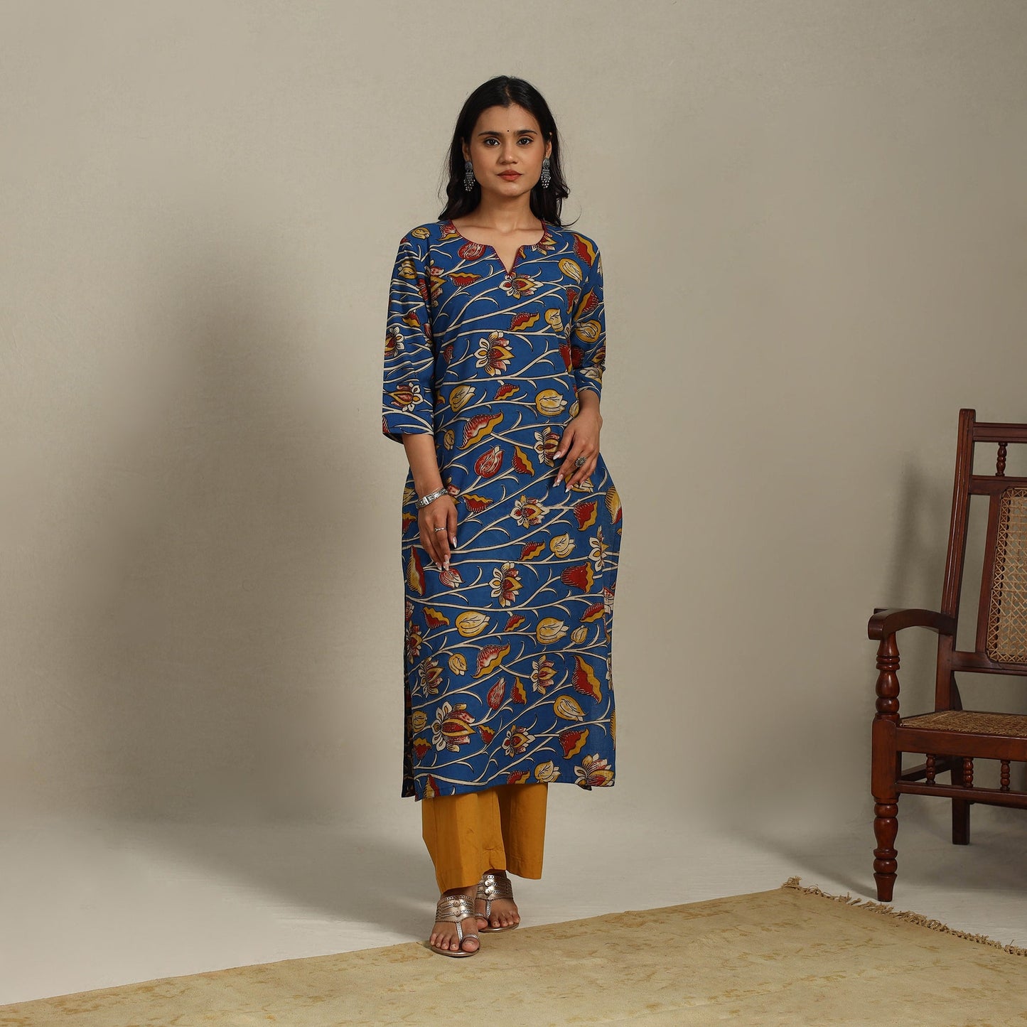 Blue Printed Cotton Straight Kalamkari Kurta with Embroidery