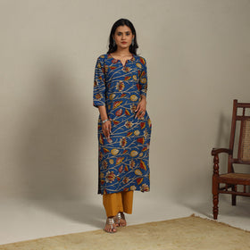 Blue Printed Cotton Straight Kalamkari Kurta with Embroidery