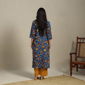 Blue Printed Cotton Straight Kalamkari Kurta with Embroidery