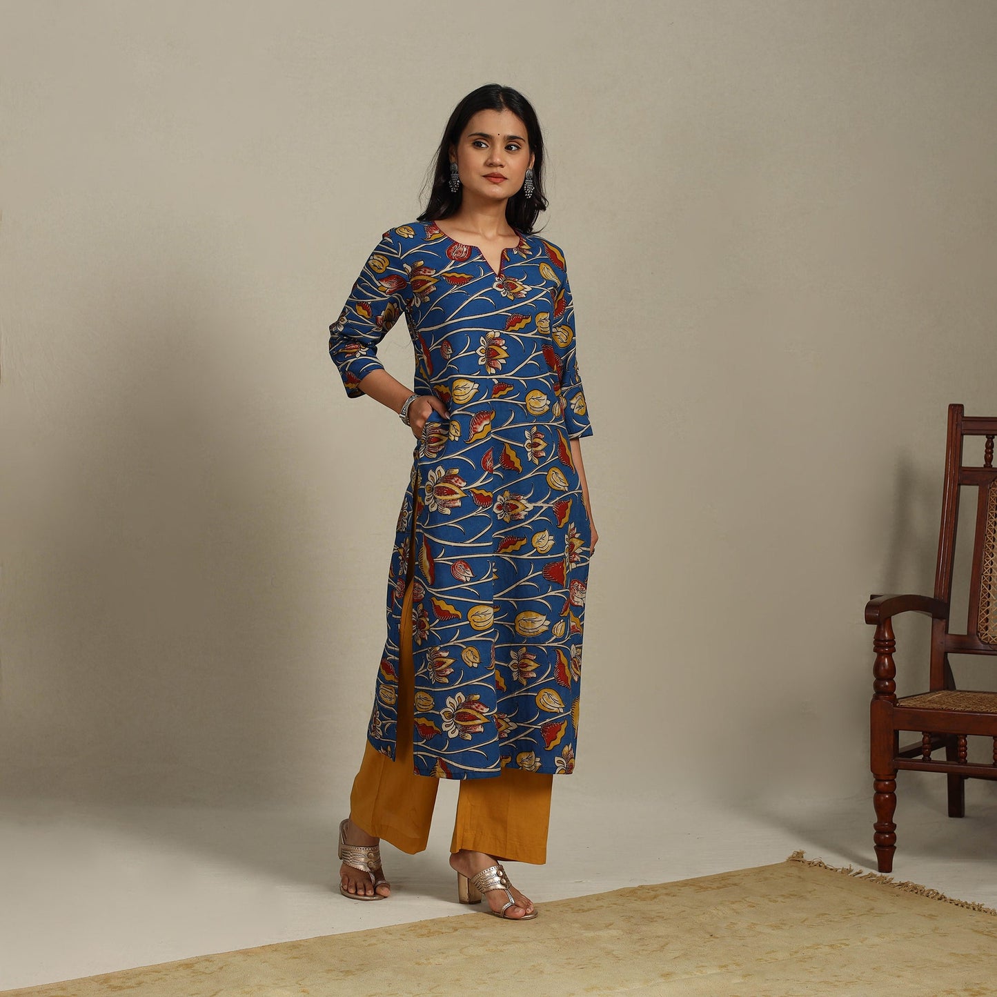 Blue Printed Cotton Straight Kalamkari Kurta with Embroidery