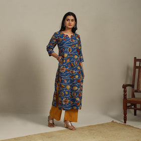 Blue Printed Cotton Straight Kalamkari Kurta with Embroidery