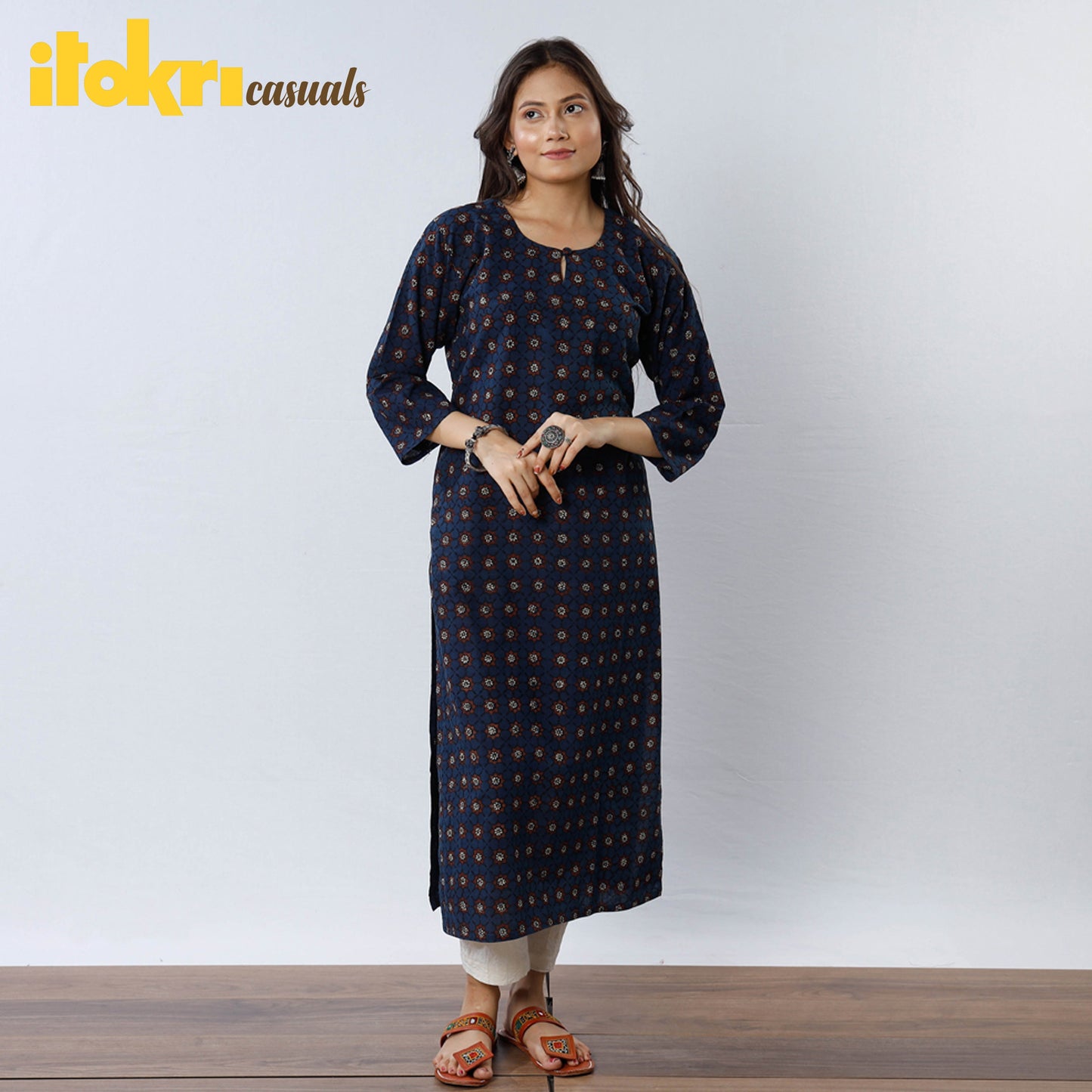 Blue - Ajrakh Block Printed Cotton Straight Kurta 01