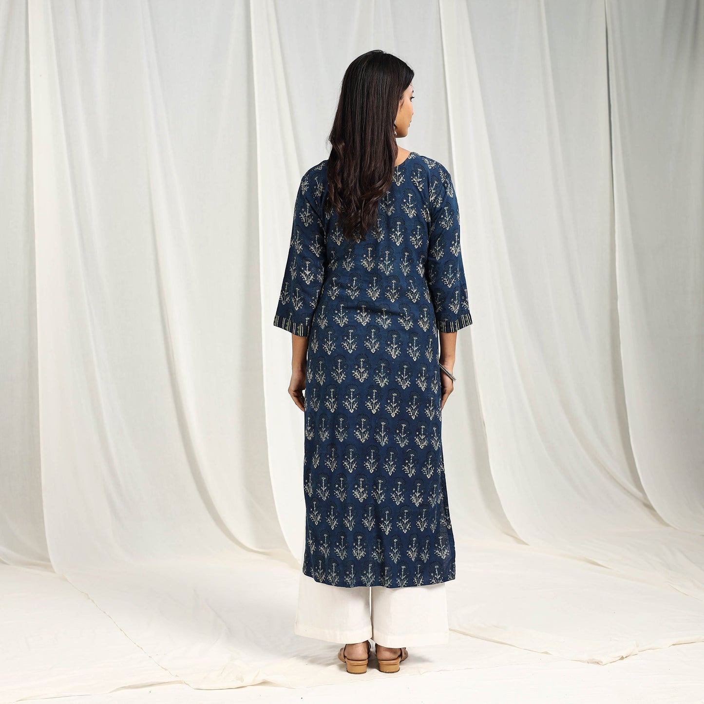  Block Print Cotton Blue Straight Ajrakh Kurta for Women