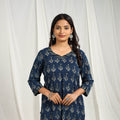  Block Print Cotton Blue Straight Ajrakh Kurta for Women