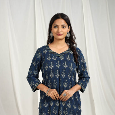  Block Print Cotton Blue Straight Ajrakh Kurta for Women
