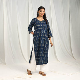  Block Print Cotton Blue Straight Ajrakh Kurta for Women