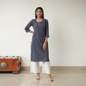 Blue Block Printed Cotton Straight Ajrakh Kurta for Women