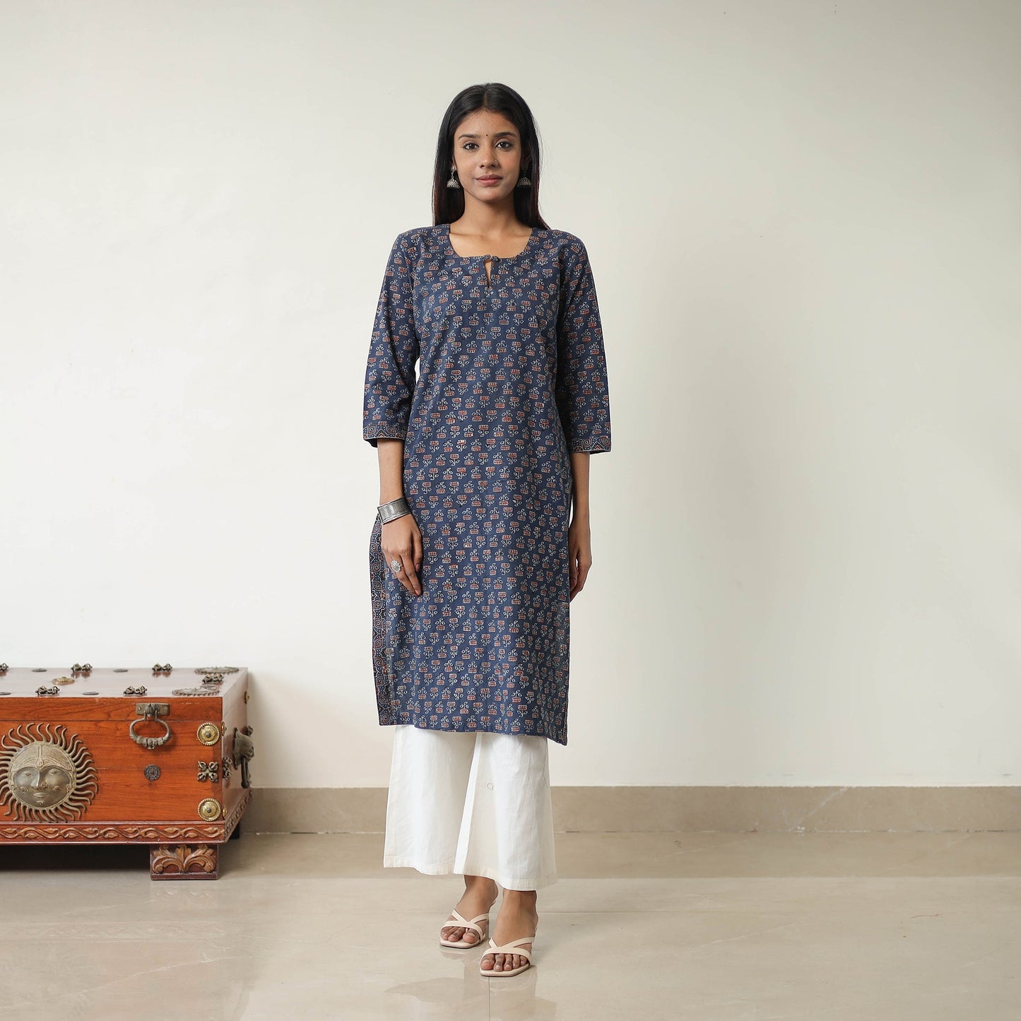 Blue Block Printed Cotton Straight Ajrakh Kurta for Women