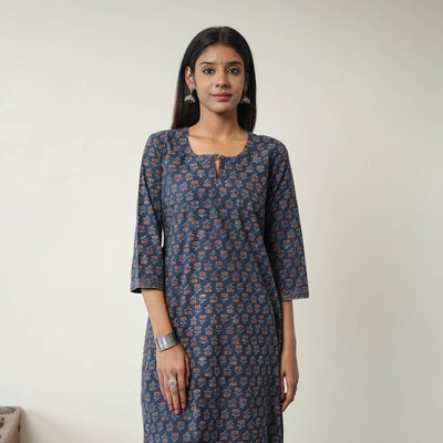 Blue Block Printed Cotton Straight Ajrakh Kurta for Women
