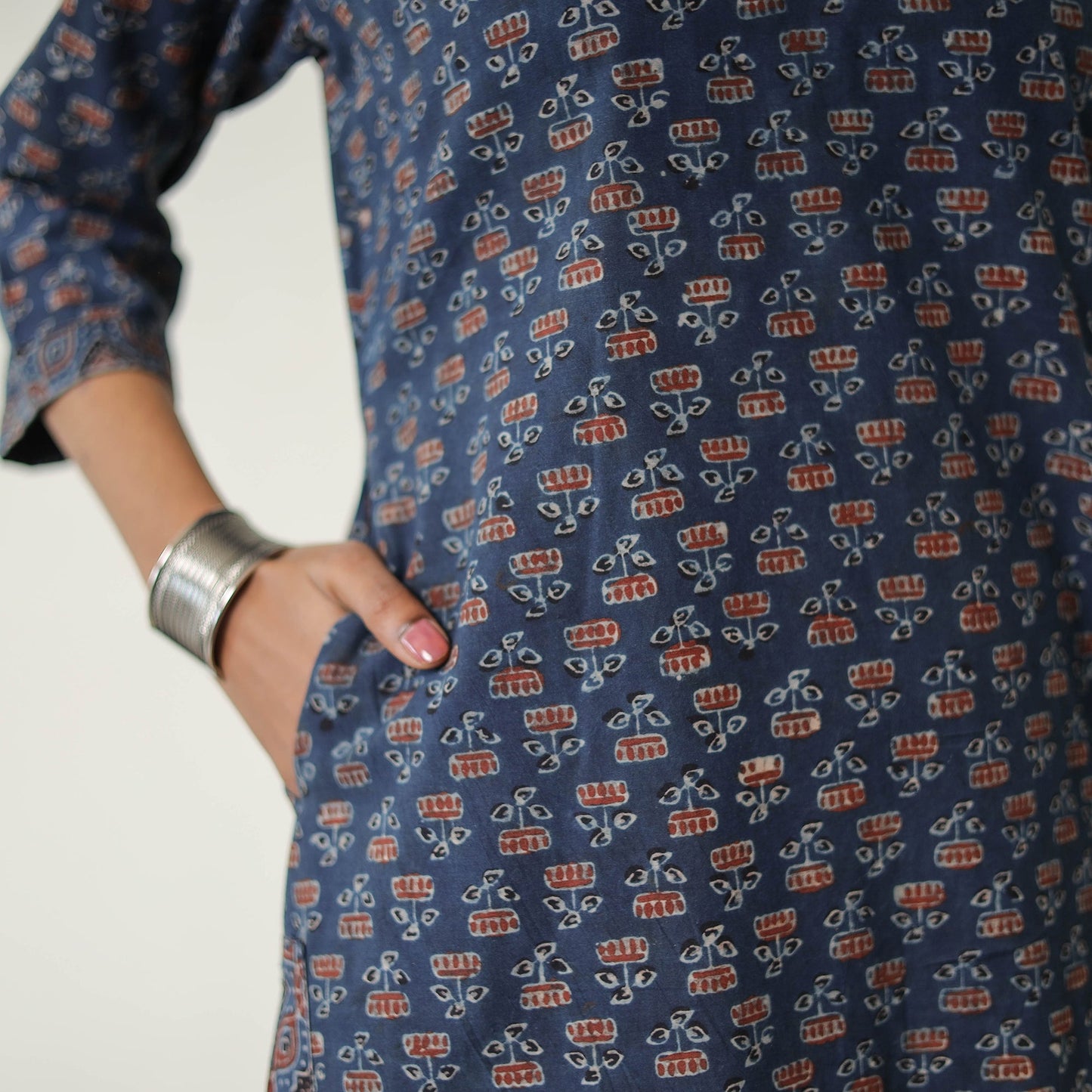 Blue Block Printed Cotton Straight Ajrakh Kurta for Women