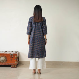 Blue Block Printed Cotton Straight Ajrakh Kurta for Women