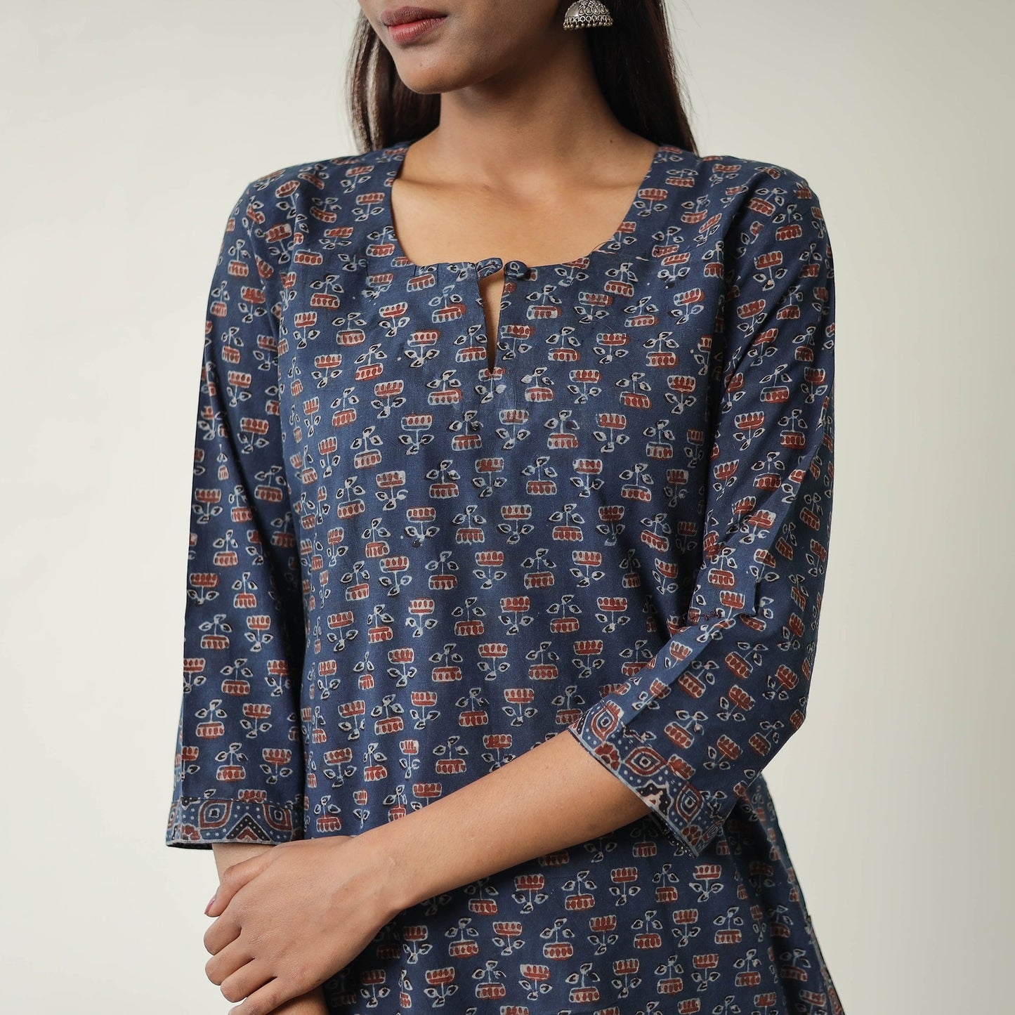 Blue Block Printed Cotton Straight Ajrakh Kurta for Women