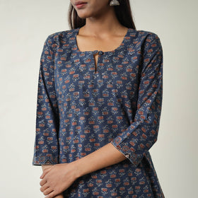 Blue Block Printed Cotton Straight Ajrakh Kurta for Women