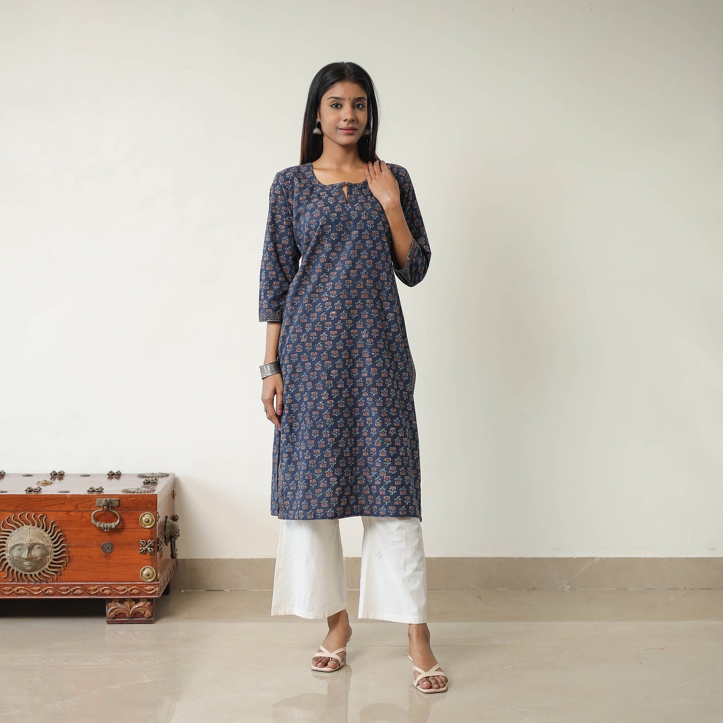 Blue Block Printed Cotton Straight Ajrakh Kurta for Women