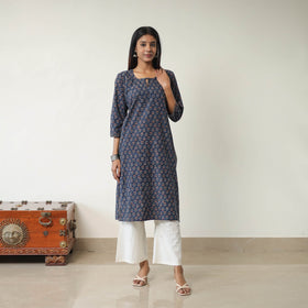 Blue Block Printed Cotton Straight Ajrakh Kurta for Women