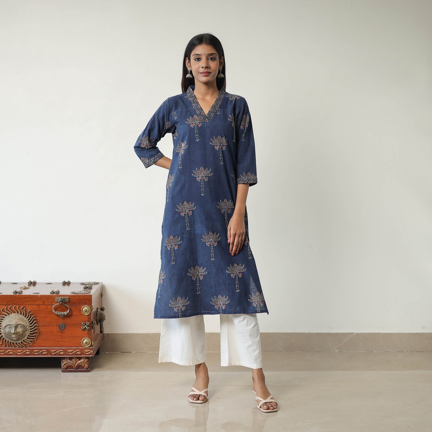 Blue Block Printed Cotton Straight Ajrakh Kurta for Women