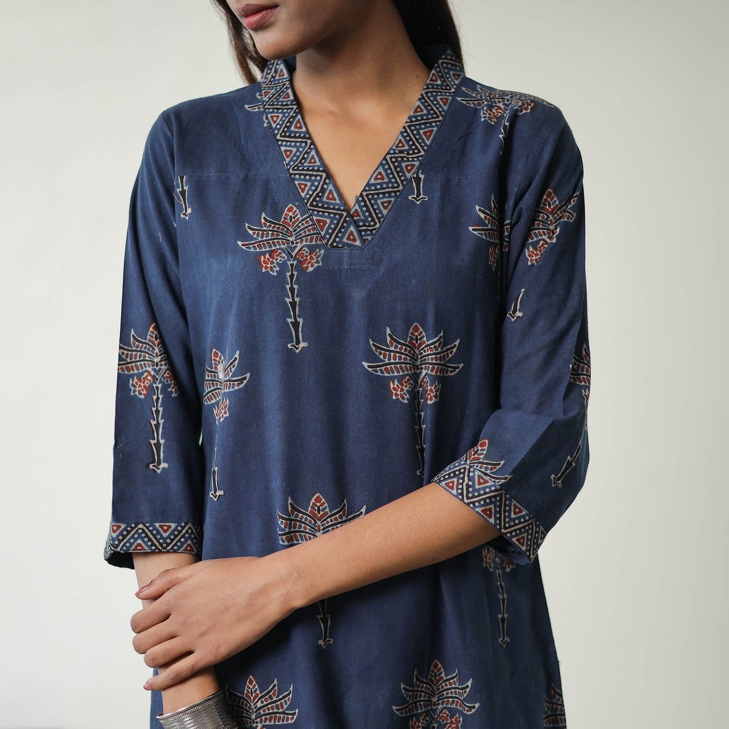 Blue Block Printed Cotton Straight Ajrakh Kurta for Women