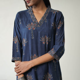 Blue Block Printed Cotton Straight Ajrakh Kurta for Women
