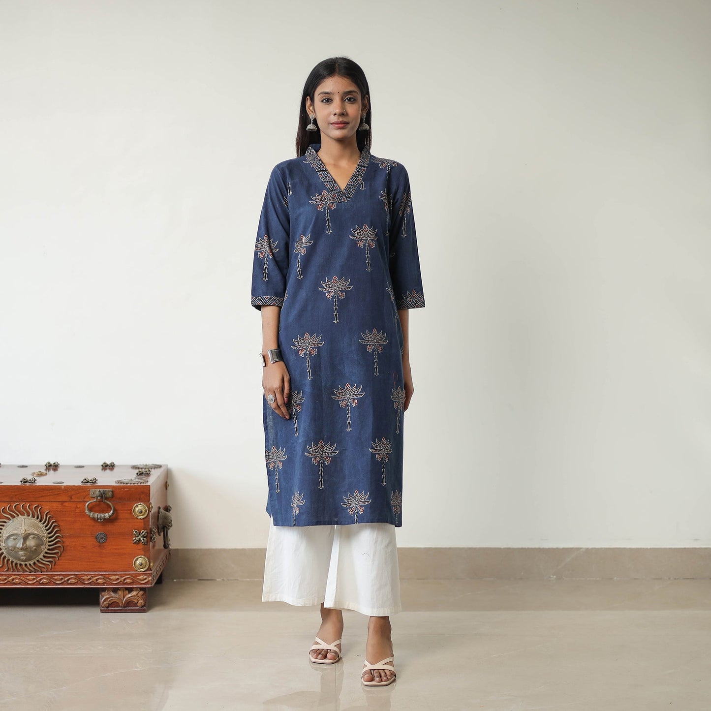 Blue Block Printed Cotton Straight Ajrakh Kurta for Women