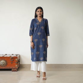 Blue Block Printed Cotton Straight Ajrakh Kurta for Women