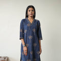 Blue Block Printed Cotton Straight Ajrakh Kurta for Women