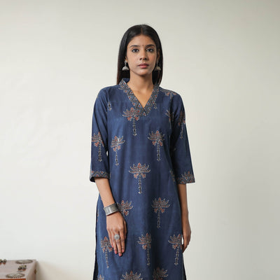 Blue Block Printed Cotton Straight Ajrakh Kurta for Women