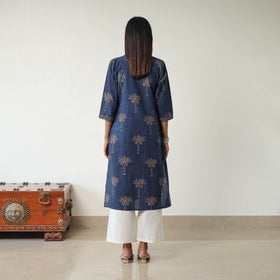 Blue Block Printed Cotton Straight Ajrakh Kurta for Women