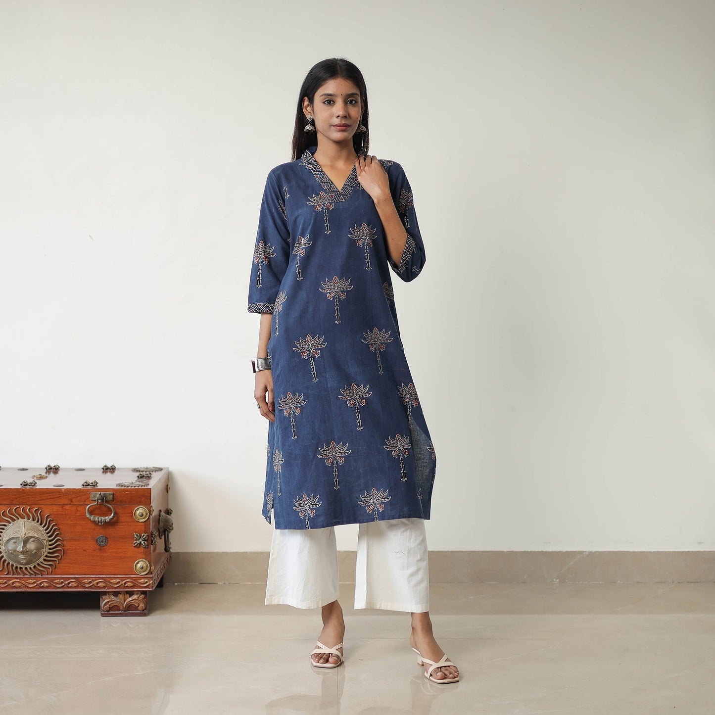 Blue Block Printed Cotton Straight Ajrakh Kurta for Women