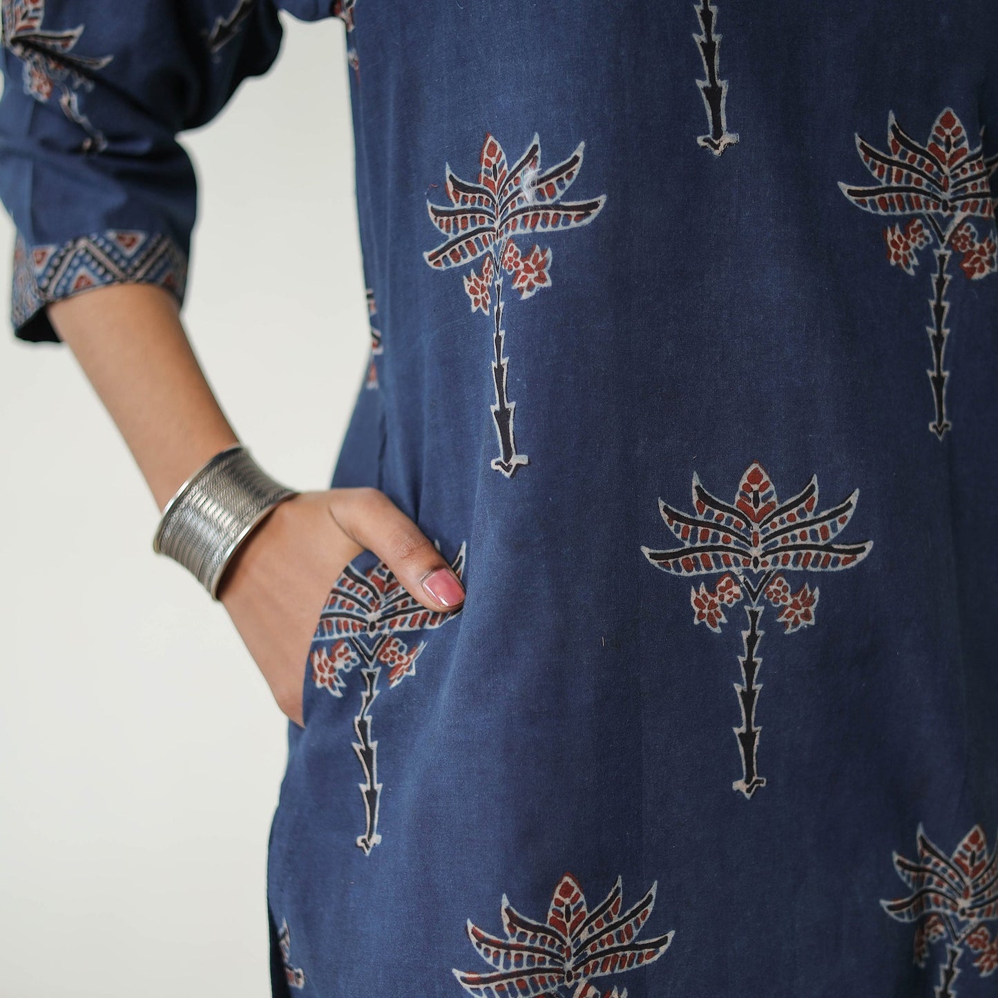 Blue Block Printed Cotton Straight Ajrakh Kurta for Women