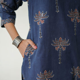 Blue Block Printed Cotton Straight Ajrakh Kurta for Women