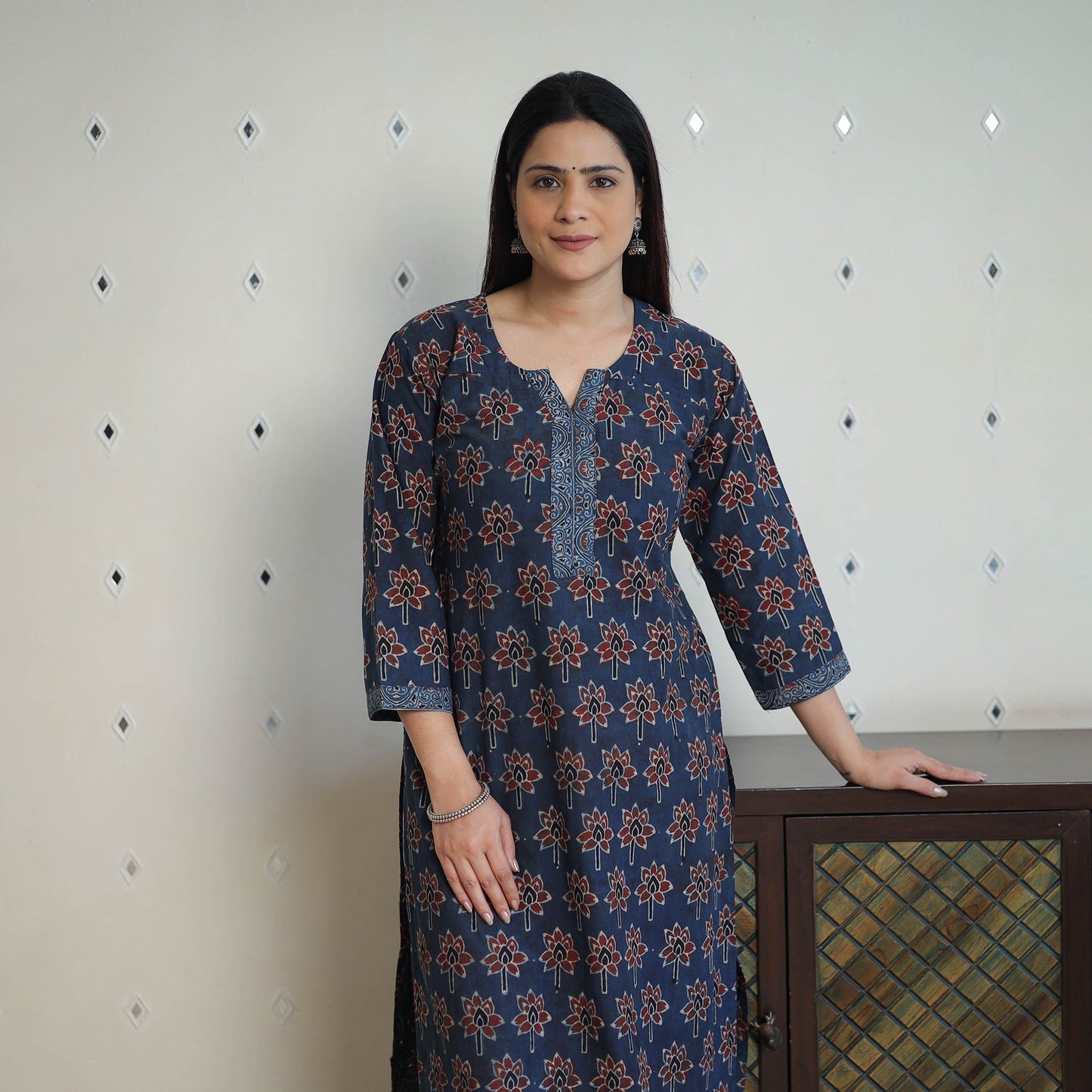 Blue - printed cotton straight kurta 30 - handcrafted
