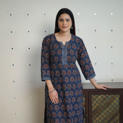 Blue - printed cotton straight kurta 30 - handcrafted