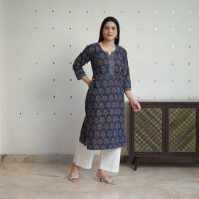 Blue - printed cotton straight kurta 30 - handcrafted