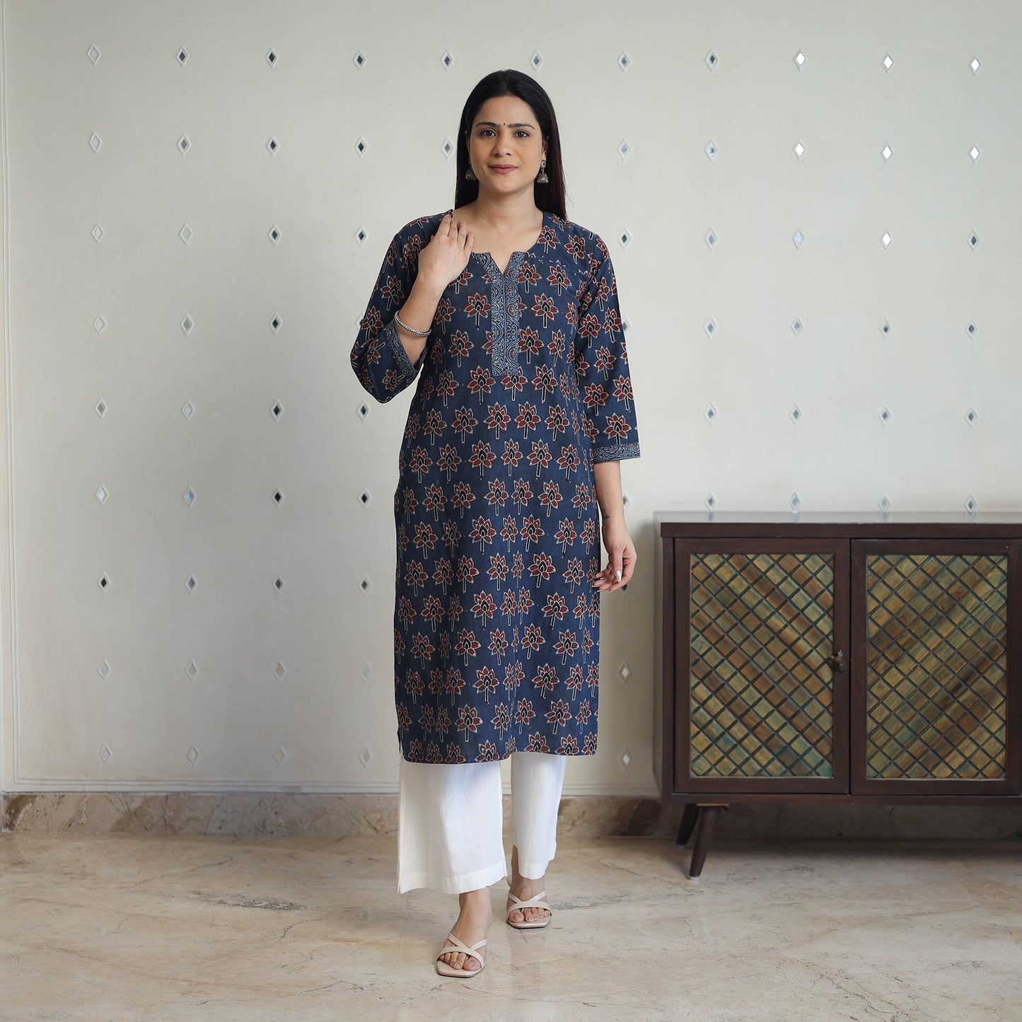 Blue - printed cotton straight kurta 30 - handcrafted