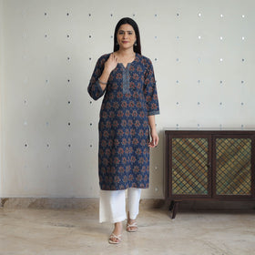 Blue - printed cotton straight kurta 30 - handcrafted