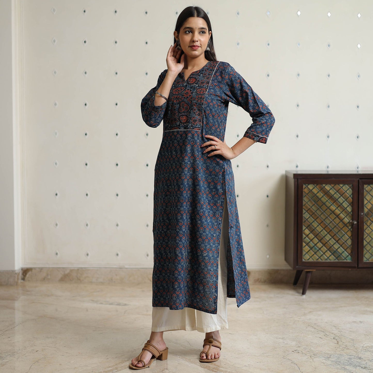Buy Ajrakh Block Printed Cotton Long Kurta for Women