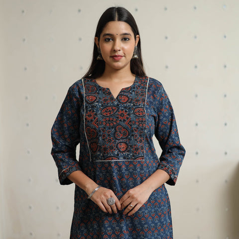 Buy Ajrakh Block Printed Cotton Long Kurta for Women