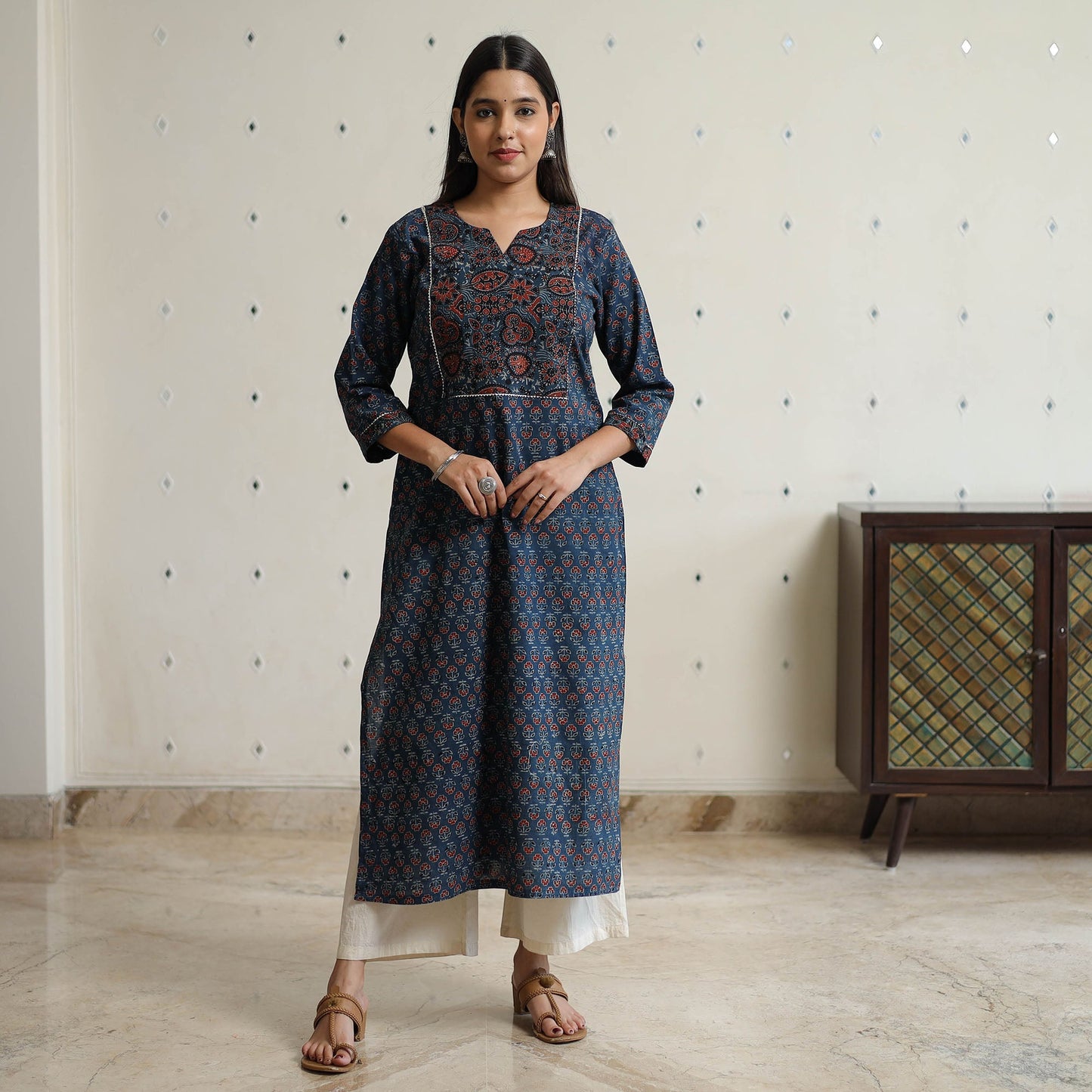 Buy Ajrakh Block Printed Cotton Long Kurta for Women