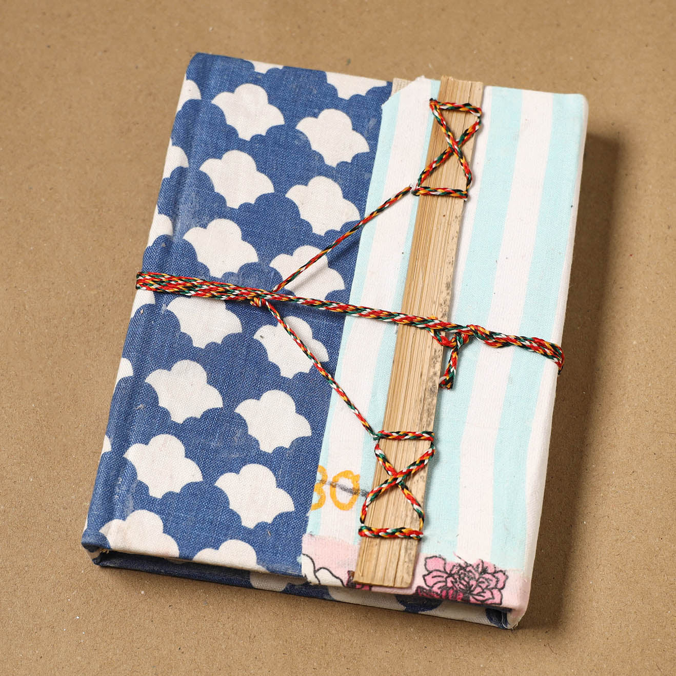Printed fabric cover handmade paper notebook with thread